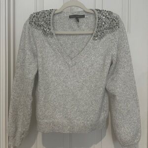 White House Black Market Light Gray Sweater with Embellished Shoulders